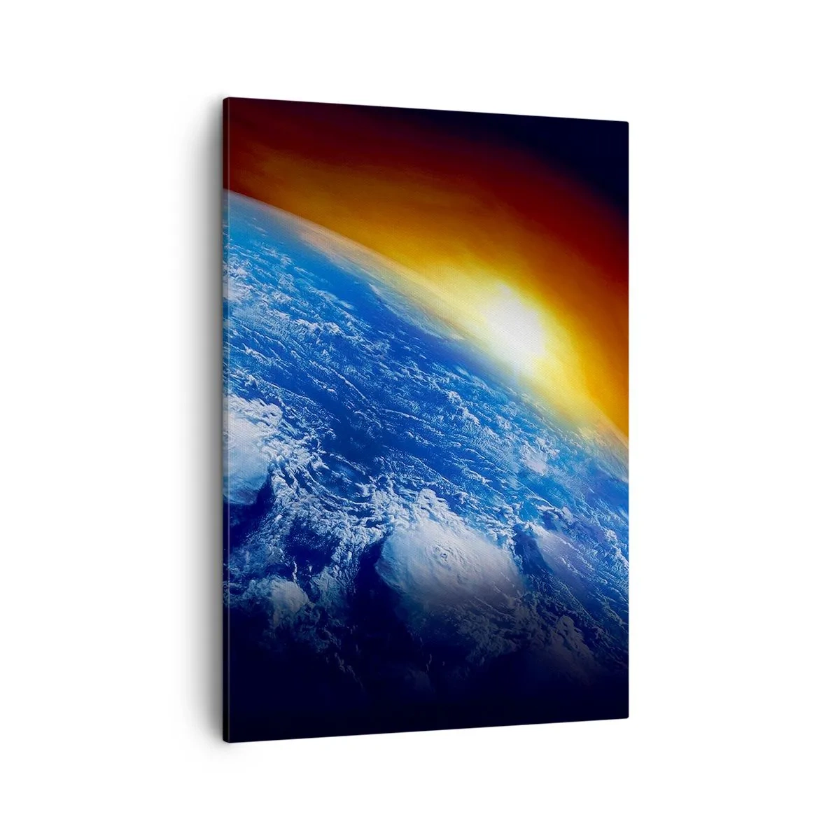 Bild auf Leinwand - Leinwandbild - Blick auf die Erde aus dem Weltraum bei Sonnenuntergang - 50x70cm - Sonnenaufgang über dem blauen Planeten - Moderne Wanddekoration für Wohnzimmer und Schlafzimmer ARTTOR