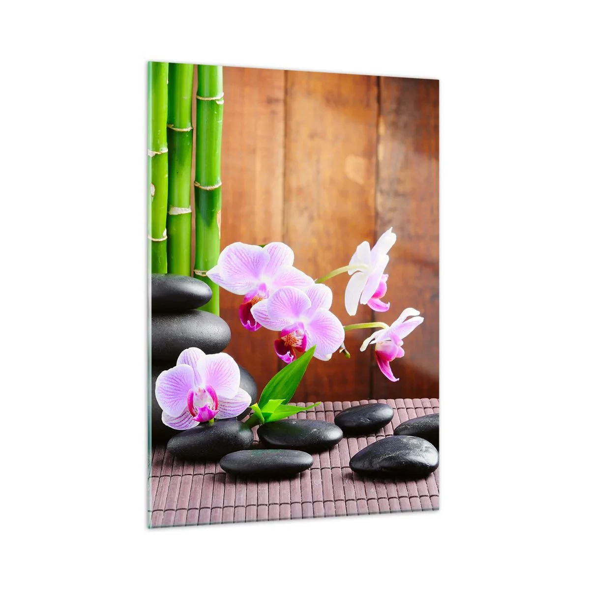 Glasbild - Bild auf glas - Rosa Orchideen, Bambus und schwarze Steine vor einer Holzwand - 50x70cm - Treffen Sie die Freuden des Ostens - Moderne Wanddekoration für Wohnzimmer und Schlafzimmer ARTTOR