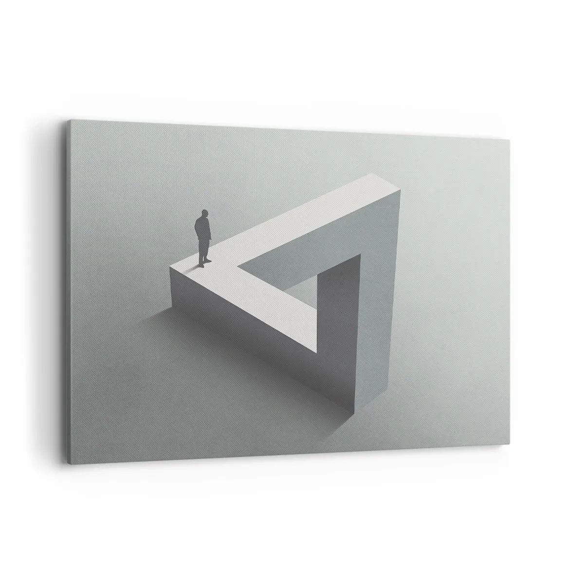 Bild auf Leinwand - Leinwandbild - Eine Figur, die auf einem Penrose-Dreieck in Grautönen steht. - 100x70cm - Es ist also doch möglich - Moderne Wanddekoration für Wohnzimmer und Schlafzimmer ARTTOR