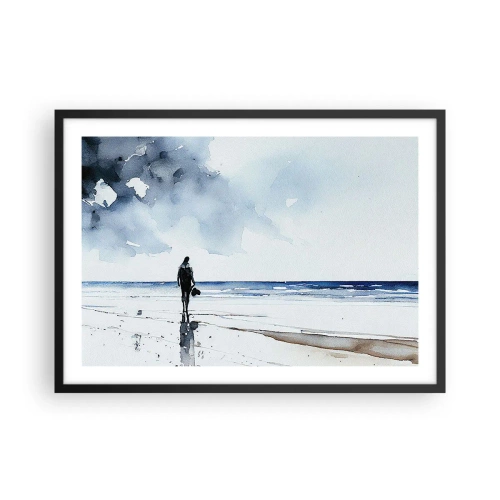 Poster in einem schwarzem Rahmen - Eine Figur an einem Strand in einer ruhigen Meeresumgebung - 70x50cm - Gespräch mit dem Meer - Moderne Wanddekoration für Wohnzimmer und Schlafzimmer ARTTOR