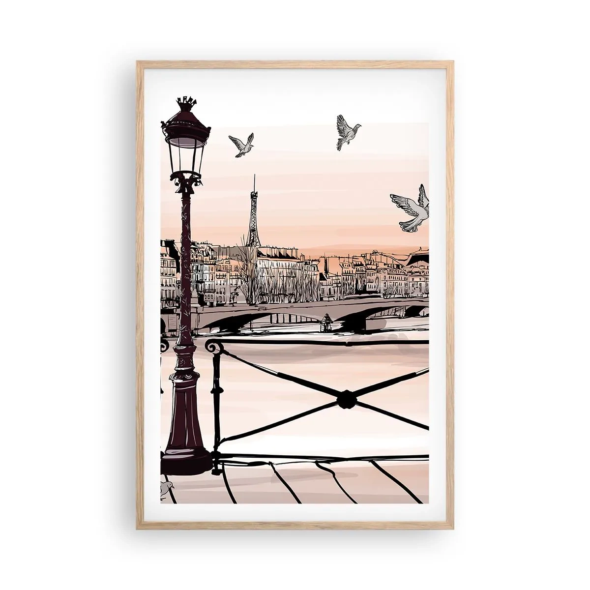 Poster in einem Rahmen aus heller Eiche - Über den Dächern von Paris - 61x91 cm