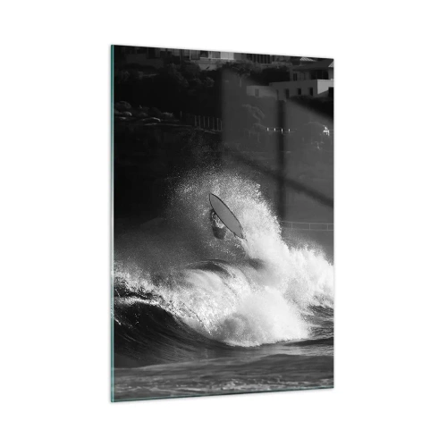 Glasbild - Bild auf glas - Ein Surfer auf einer Welle, festgehalten in einem Schwarzweißfoto - 50x70cm - Herausforderung angenommen! - Moderne Wanddekoration für Wohnzimmer und Schlafzimmer ARTTOR