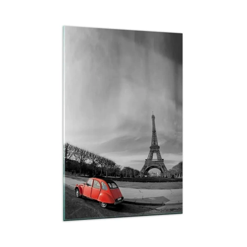 Glasbild - Bild auf glas - Ein rotes Auto mit dem Eiffelturm im Hintergrund in einer schwarz-weißen Landschaft - 80x120cm - Pariser als Paris selbst - Moderne Wanddekoration für Wohnzimmer und Schlafzimmer ARTTOR