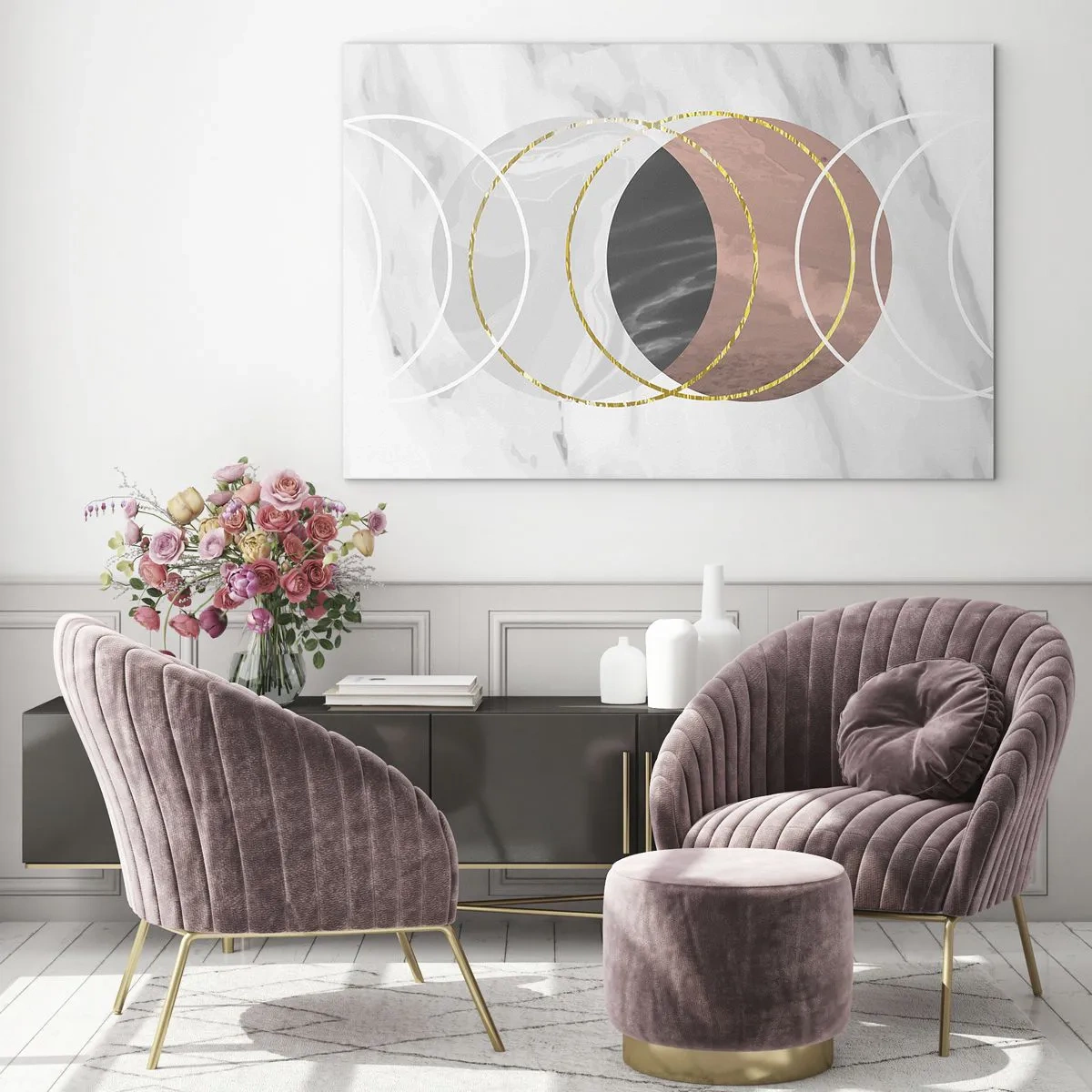 Glasbild - Bild auf glas - Geometrische Kreise in Kupfer-, Gold- und Marmortönen - 100x70cm - Musik der Sphären - Moderne Wanddekoration für Wohnzimmer und Schlafzimmer ARTTOR