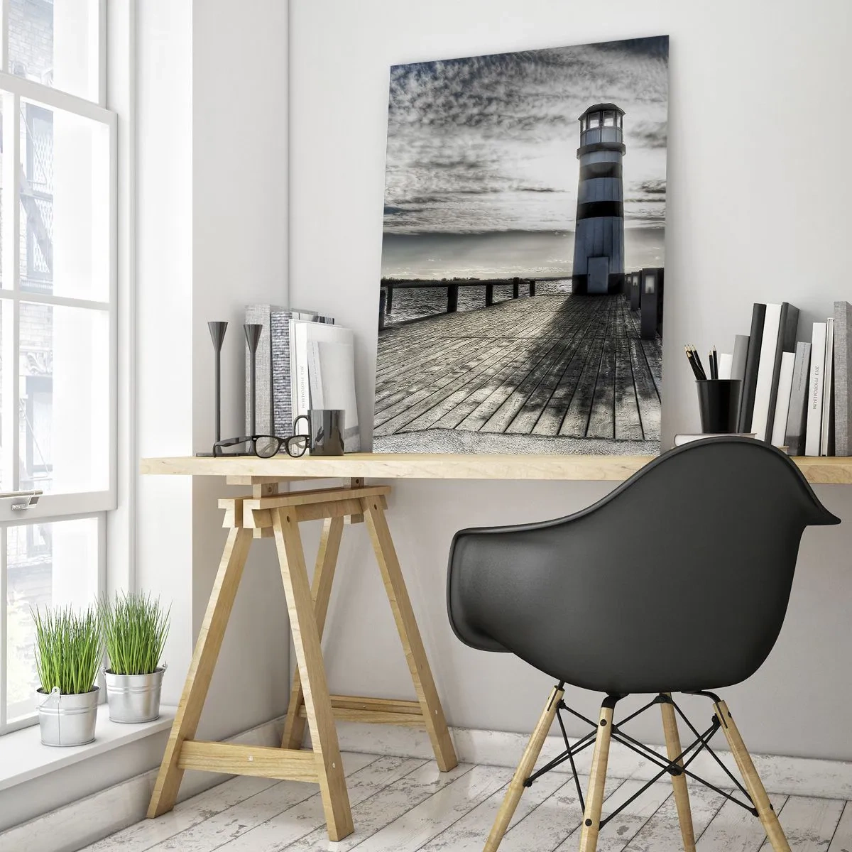 Glasbild - Bild auf glas - Leuchtturm auf einem Holzsteg mit Blick auf das Meer. - 70x100cm - Matrosen, ich warte auf euch - Moderne Wanddekoration für Wohnzimmer und Schlafzimmer ARTTOR