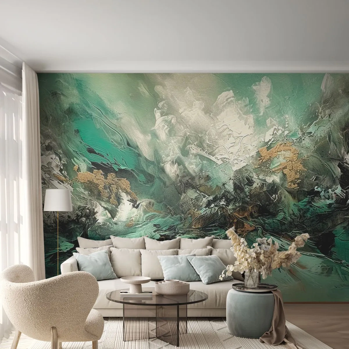Fototapete Premium Canvas - Smaragdgrüne und schwarze Brandung - Abstraktion, Stück, Malen - 200x140 cm