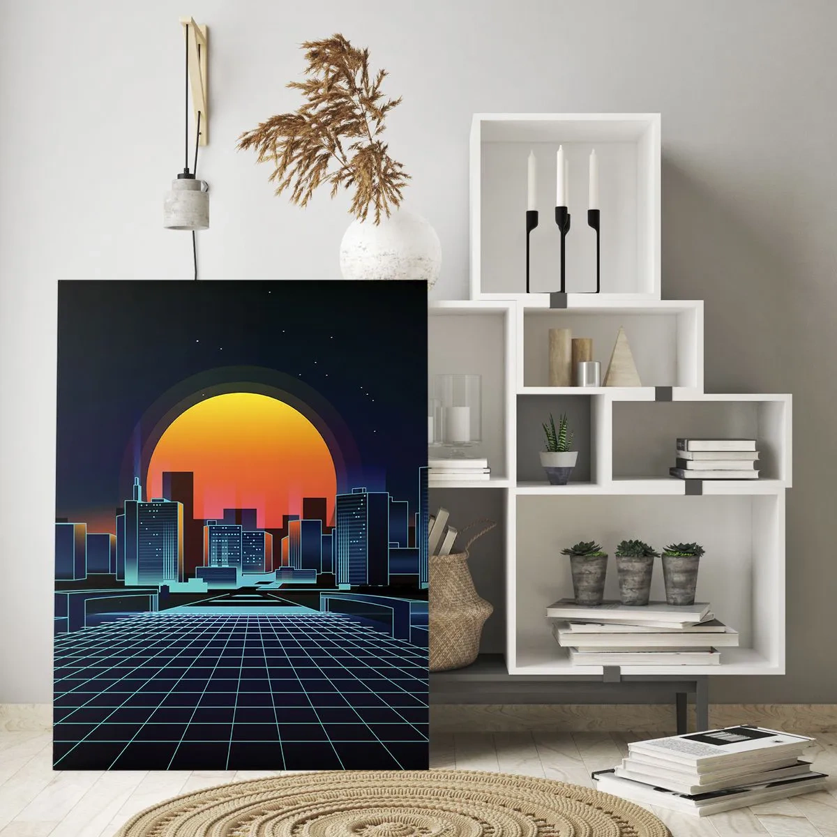 Glasbild - Bild auf glas - Futuristisches Stadtpanorama mit Sonnenuntergang - 50x70cm - Willst du immer noch zu Real gehen? - Moderne Wanddekoration für Wohnzimmer und Schlafzimmer ARTTOR