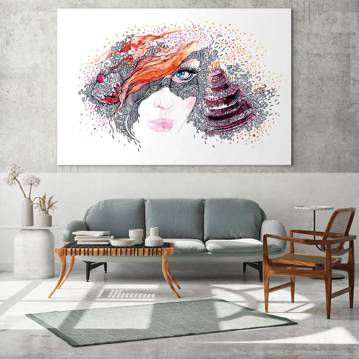 Glasbild - Bild auf glas - Frauenportrait mit dynamischen Mustern und roten Akzenten - 70x50cm - Bei ihr ist jeden Tag Feiertag - Moderne Wanddekoration für Wohnzimmer und Schlafzimmer ARTTOR