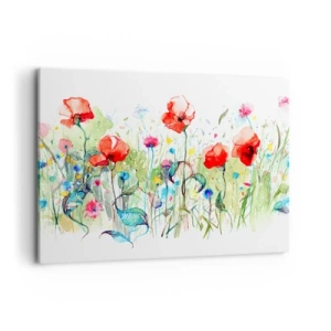 Bild auf Leinwand - Leinwandbild - Eine Wiese mit roten Mohnblumen und bunten Blumen in Aquarell - 120x80cm - Blühende Maiwiese - Moderne Wanddekoration für Wohnzimmer und Schlafzimmer ARTTOR