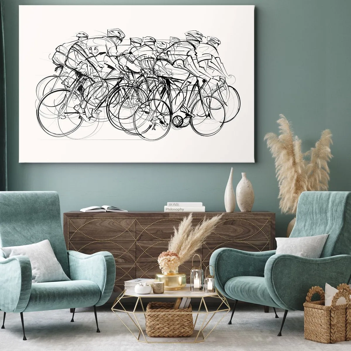Bild auf Leinwand - Leinwandbild - Eine Gruppe von Radfahrern in Bewegung im minimalistischen Stil - 100x70cm - Gemeinsam als Team - Moderne Wanddekoration für Wohnzimmer und Schlafzimmer ARTTOR