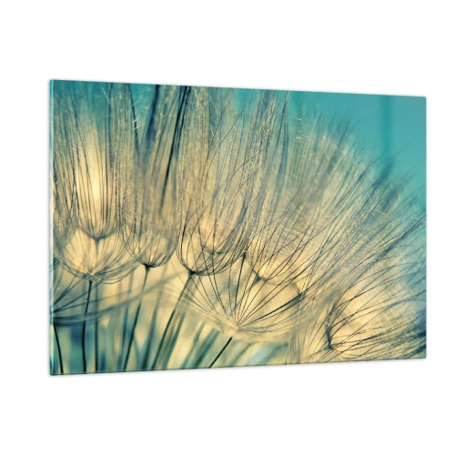 Glasbild - Bild auf glas - Makrofotografie eines Löwenzahns vor türkisfarbenem Hintergrund - 120x80cm - In Erwartung des Windes - Moderne Wanddekoration für Wohnzimmer und Schlafzimmer ARTTOR
