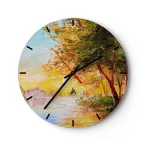 Wanduhr - Glasuhr - Herbstbäume am Fluss im warmen Sonnenlicht - 30x30cm - Et in Arcadia ego - Moderne Wanddekoration für Wohnzimmer, Küche und Schlafzimmer ARTTOR