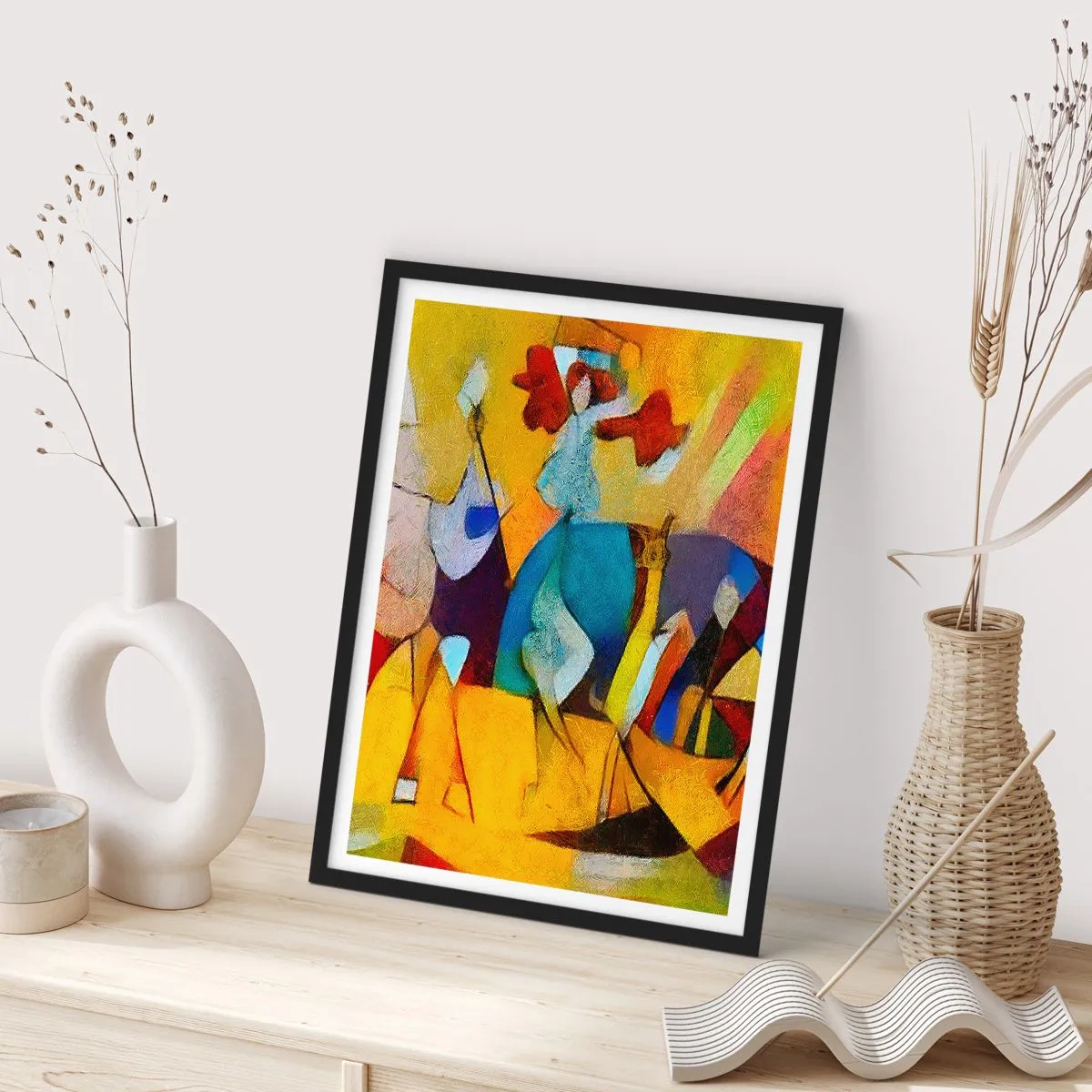 Poster in einem schwarzem Rahmen - Bunte Figuren im abstrakten Stil - 50x70cm - Sonne - Leben - Freude - Moderne Wanddekoration für Wohnzimmer und Schlafzimmer ARTTOR