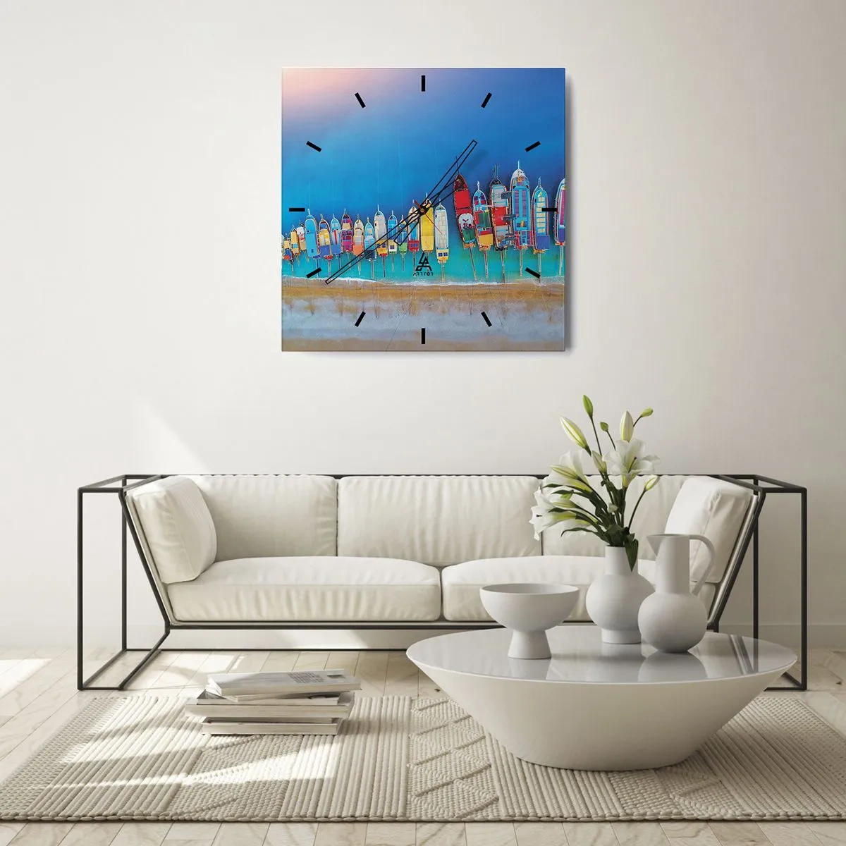 Wanduhr - Glasuhr - Bunte Boote in einer Reihe am Ufer aufgereiht - 30x30cm - Aus der Vogelperspektive - Moderne Wanddekoration für Wohnzimmer und Schlafzimmer ARTTOR