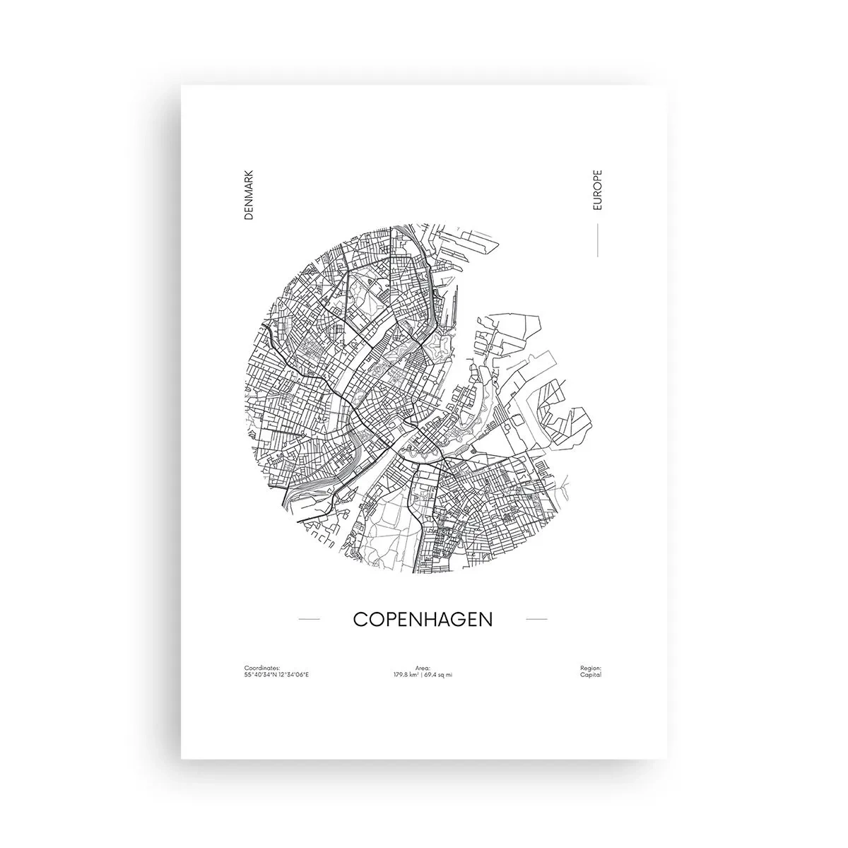 Poster - Eine minimalistische Karte von Kopenhagen in Schwarzweiß. - 50x70cm - Anatomie von Kopenhagen - Moderne Wanddekoration für Wohnzimmer und Schlafzimmer ARTTOR