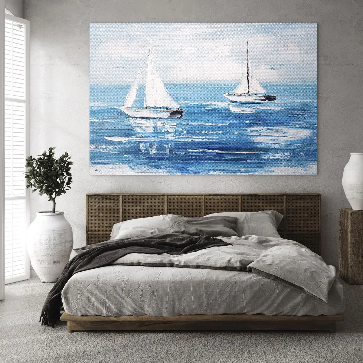 Glasbild - Bild auf glas - Zwei weiße Segelboote auf einem ruhigen blauen Meer - 120x80cm - Mit Freund an der Seite - Moderne Wanddekoration für Wohnzimmer und Schlafzimmer ARTTOR