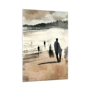 Glasbild - Bild auf glas - Silhouetten, die unter einem bewölkten Himmel an einem breiten Strand spazieren - 50x70cm - Einberufen - Moderne Wanddekoration für Wohnzimmer und Schlafzimmer ARTTOR