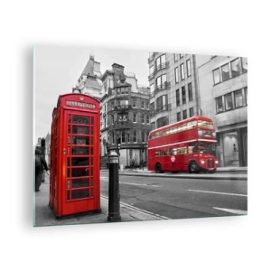 Glasbild - Bild auf glas - Rote Telefonzelle und Bus in London - 70x50cm - Das Rotste in Europa - Moderne Wanddekoration für Wohnzimmer und Schlafzimmer ARTTOR