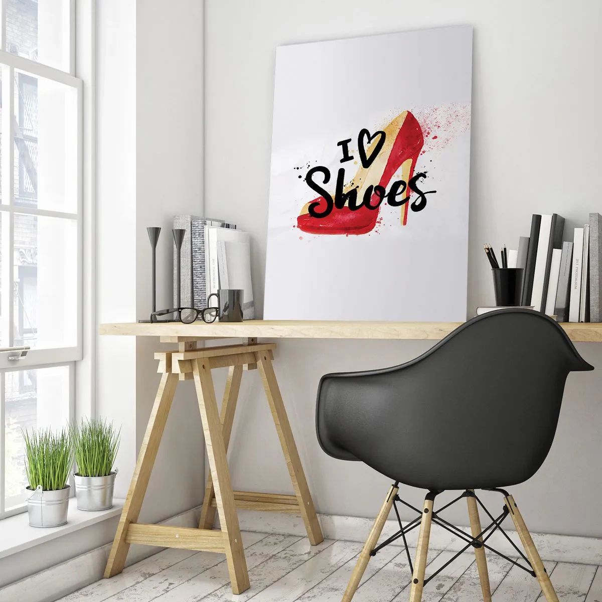 Glasbild - Bild auf glas - Roter Stiletto mit der Aufschrift „I love Shoes“ auf weißem Hintergrund - 70x100cm - Liebe hat viele Namen - Moderne Wanddekoration für Wohnzimmer und Schlafzimmer ARTTOR