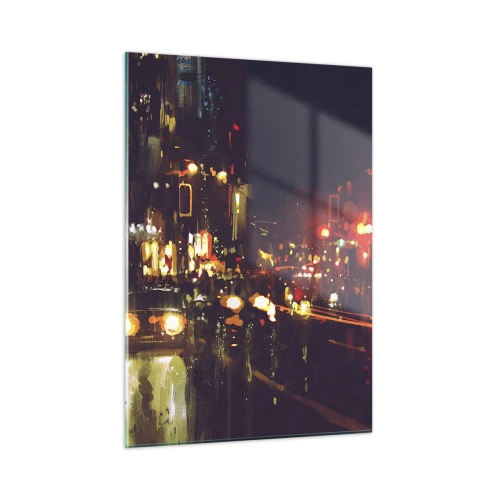 Glasbild - Bild auf glas - Stadtnachtlandschaft mit Autos und Straßenlaternen - 50x70cm - Eingetaucht in die Lichter der Nacht - Moderne Wanddekoration für Wohnzimmer und Schlafzimmer ARTTOR