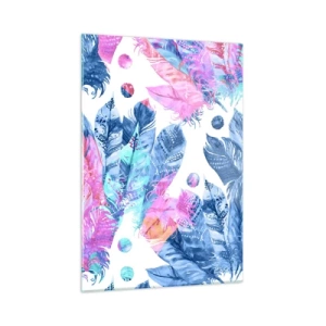 Glasbild - Bild auf glas - Bunte Federn in Rosa- und Blautönen auf weißem Hintergrund - 50x70cm - Pflaumen in Pink und Blau - Moderne Wanddekoration für Wohnzimmer und Schlafzimmer ARTTOR