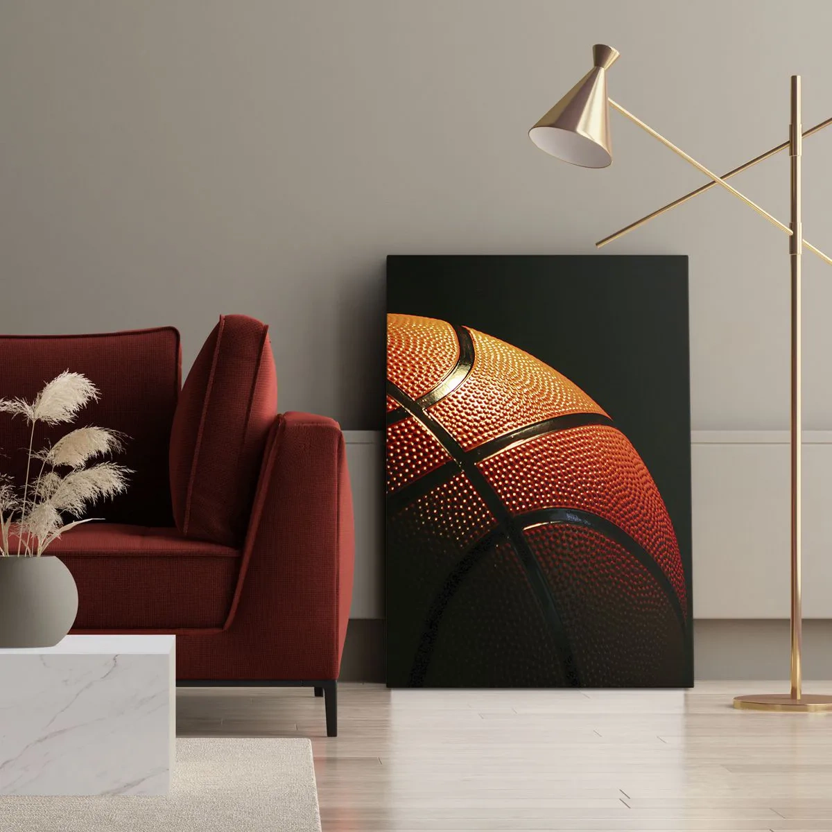 Bild auf Leinwand - Leinwandbild - Nahaufnahme eines Basketballs vor schwarzem Hintergrund - 70x100cm - Schön wie ein Planet - Moderne Wanddekoration für Wohnzimmer und Schlafzimmer ARTTOR