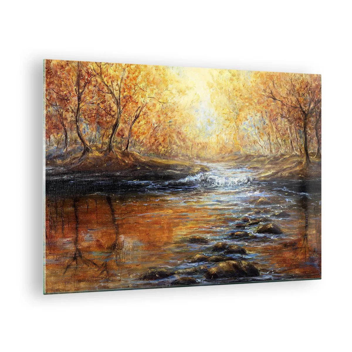 Glasbild - Bild auf glas - Ein goldener Bach im Wald, umgeben von Herbstbäumen - 70x50cm - Der goldene Strom - Moderne Wanddekoration für Wohnzimmer und Schlafzimmer ARTTOR