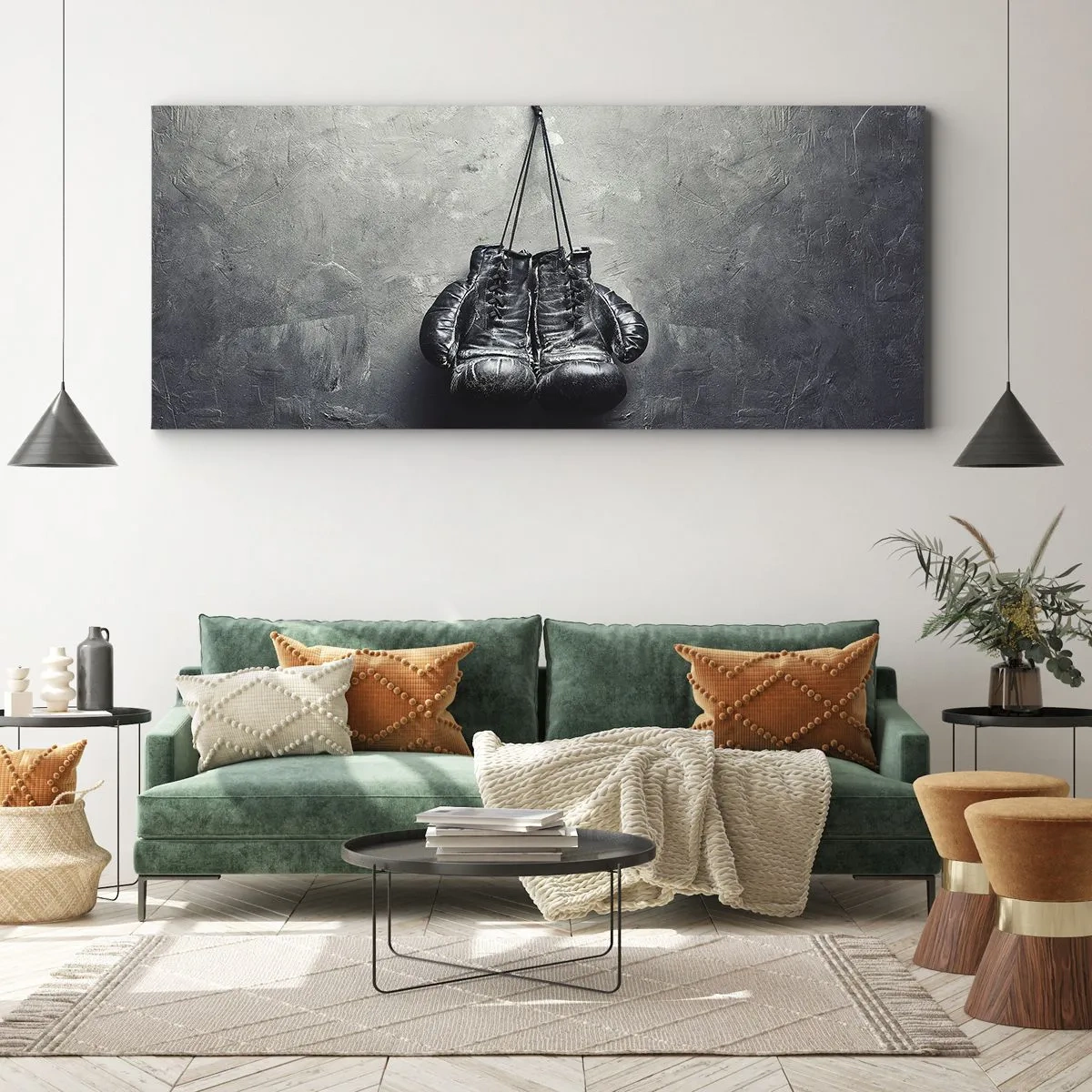 Bild auf Leinwand - Leinwandbild - Alte Boxhandschuhe an der Wand - 120x50cm - Zeit des Kampfes und Zeit des Friedens - Moderne Wanddekoration für Wohnzimmer und Schlafzimmer ARTTOR