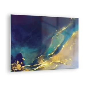 Glasbild - Bild auf glas - Eine abstrakte Komposition in den Farbtönen Marineblau, Türkis und Gold - 70x50cm - Der goldene Teich - Moderne Wanddekoration für Wohnzimmer und Schlafzimmer ARTTOR