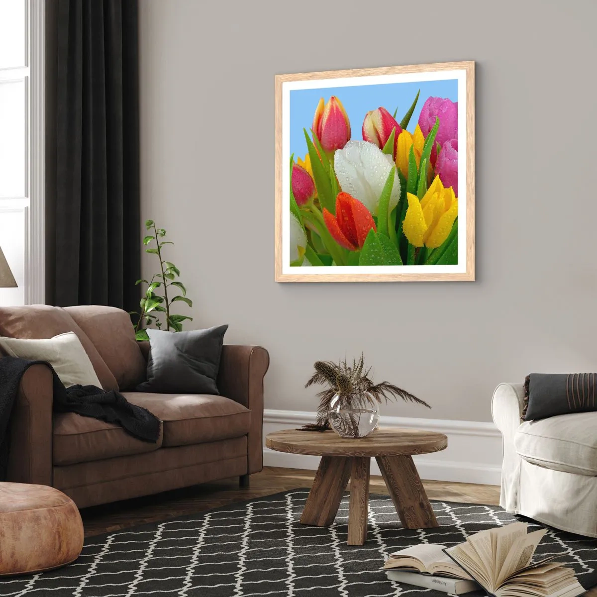 Poster in einem Rahmen aus heller Eiche - Ein blumiger Regenbogen in Tautropfen - 40x40 cm