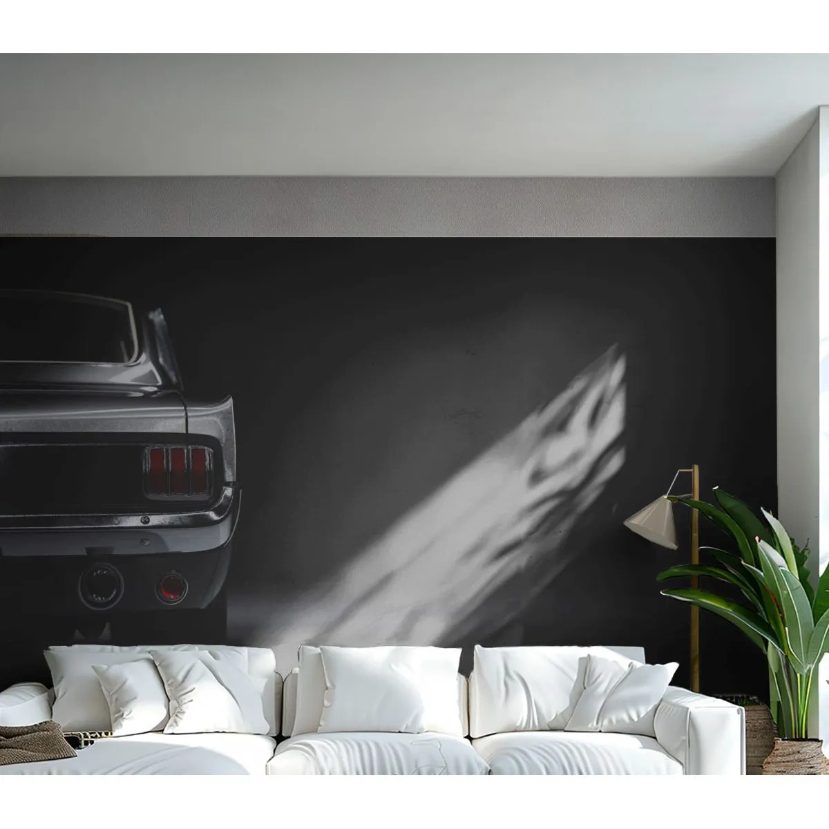 Fototapete Premium Sand - Ikonisches schwarzes Auto vor dem Hintergrund einer dunklen Garage - 100x70cm - Charme des Klassikers - Moderne Wanddekoration für Wohnzimmer und Schlafzimmer ARTTOR