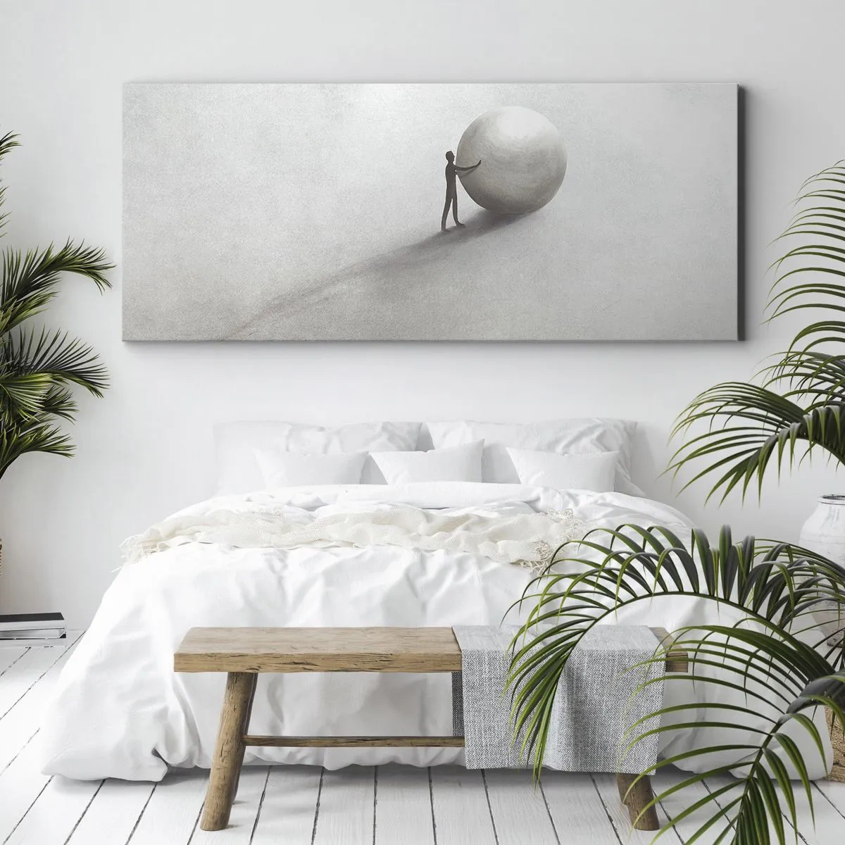 Bild auf Leinwand - Leinwandbild - Eine minimalistische Figur mit einem Ball auf einem hellen, monochromen Hintergrund. - 160x50cm - Das Spiel des Lebens - Moderne Wanddekoration für Wohnzimmer und Schlafzimmer ARTTOR