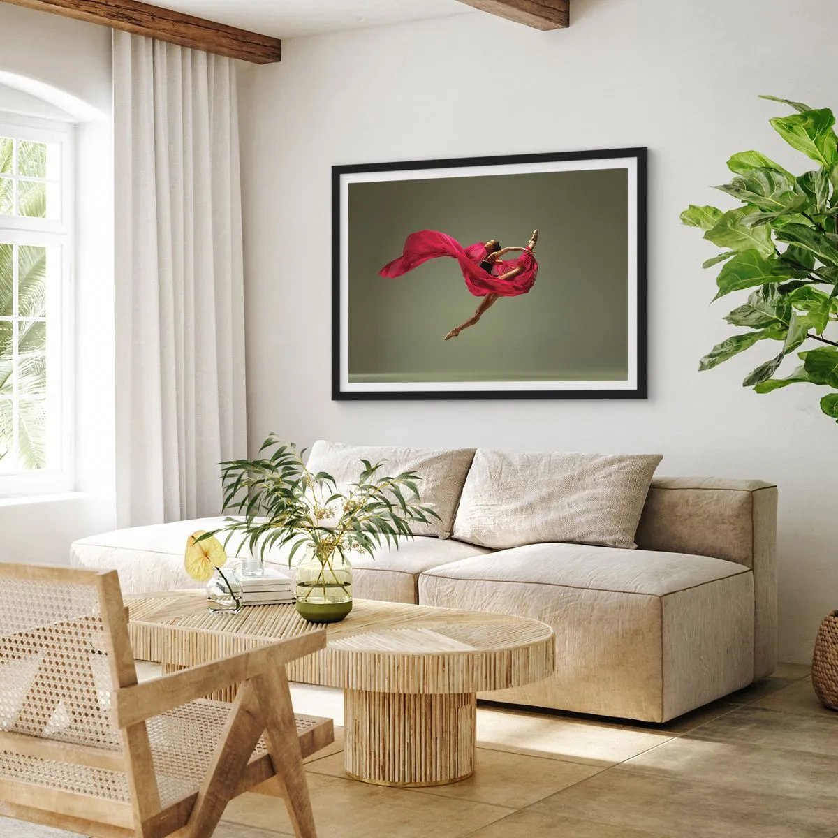 Poster in einem schwarzem Rahmen - Balletttänzerin in dynamischer Pose mit rosa Stoff - 70x50cm - Tanzende Flamme - Moderne Wanddekoration für Wohnzimmer und Schlafzimmer ARTTOR