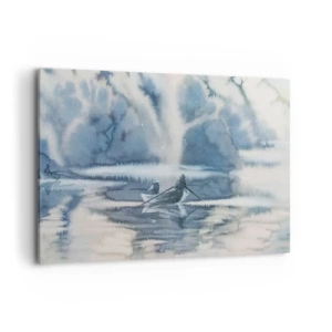 Bild auf Leinwand - Leinwandbild - Aquarelllandschaft mit Booten auf einem See, umgeben von einem nebligen Wald - 100x70cm - Angler in ihrem Paradies - Moderne Wanddekoration für Wohnzimmer und Schlafzimmer ARTTOR