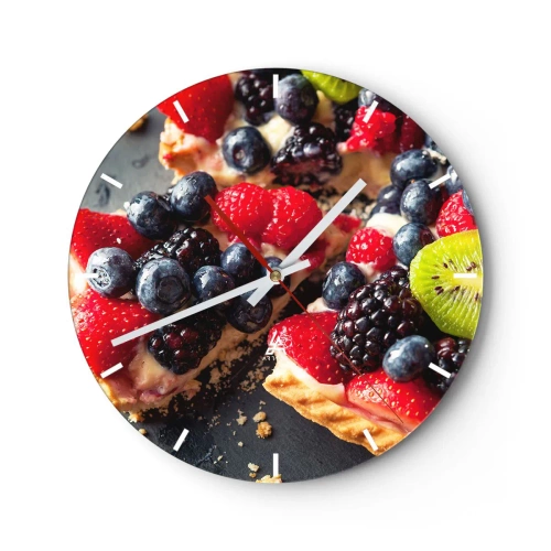 Wanduhr - Glasuhr - Fruchtdessert mit Beeren und Kiwi auf schwarzem Hintergrund - 30x30cm - Dolce Vita! - Moderne Wanddekoration für Wohnzimmer, Küche und Schlafzimmer ARTTOR