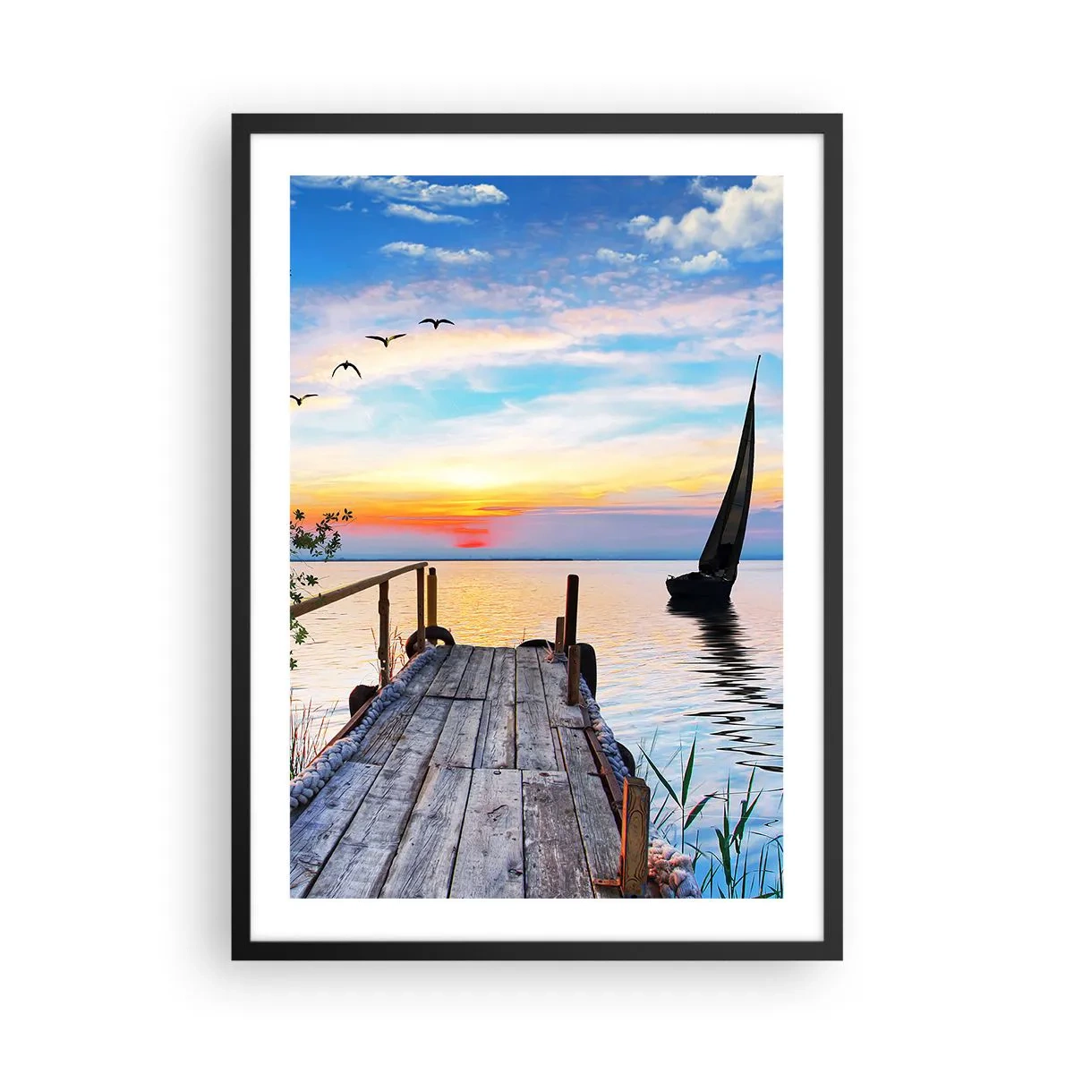 Poster in einem schwarzem Rahmen - Pier am See bei Sonnenuntergang - 50x70cm - Guten Abend - Moderne Wanddekoration für Wohnzimmer und Schlafzimmer ARTTOR