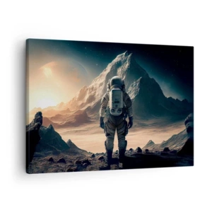 Bild auf Leinwand - Leinwandbild - Astronaut vor der Kulisse majestätischer Berge - 70x50cm - Neue Herausforderung - Moderne Wanddekoration für Wohnzimmer und Schlafzimmer ARTTOR
