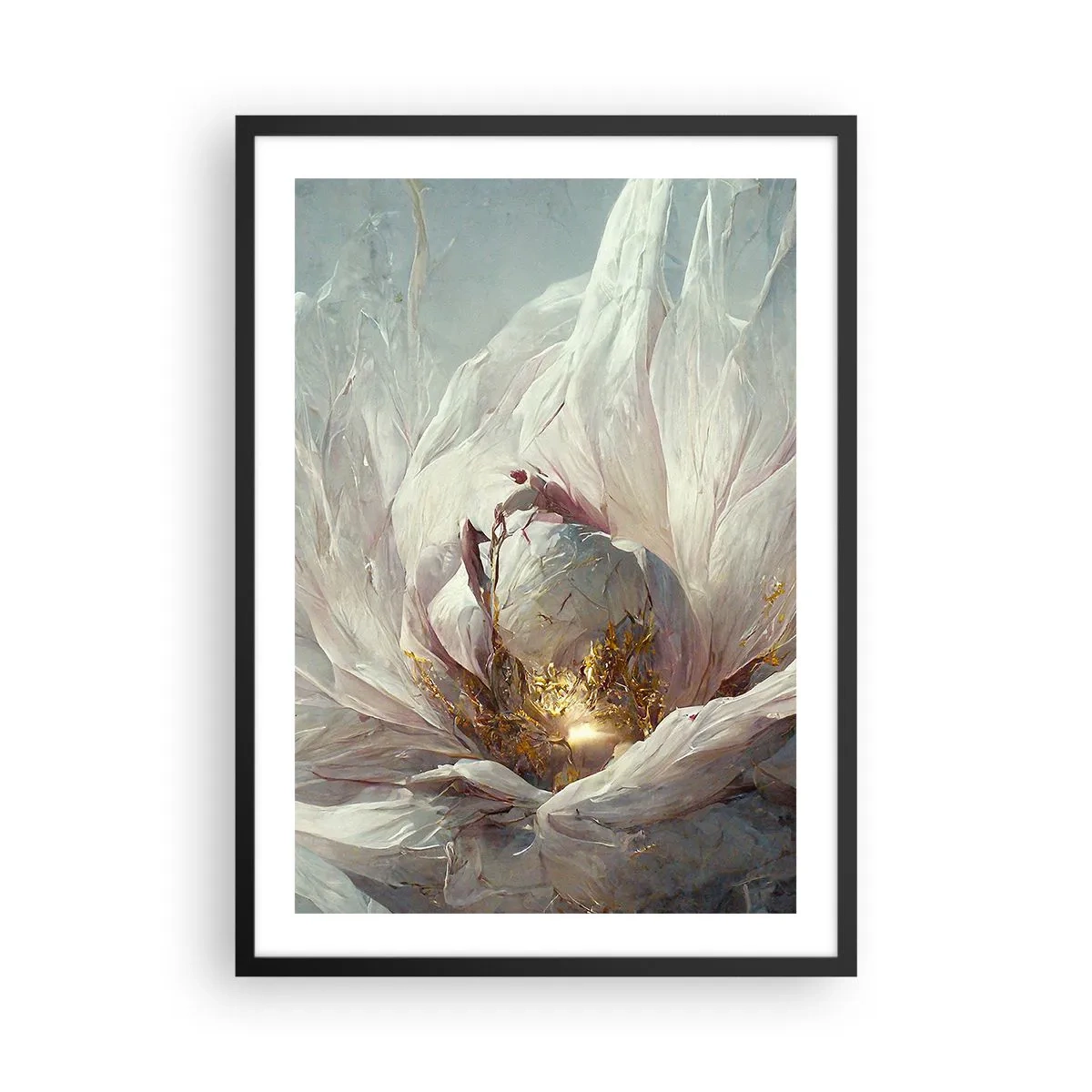 Poster in einem schwarzem Rahmen - Eine subtile Abstraktion mit einem Blumenmotiv in zarten Weiß- und Goldtönen. - 50x70cm - Sie blüht alle hundert Jahre einmal - Moderne Wanddekoration für Wohnzimmer und Schlafzimmer ARTTOR