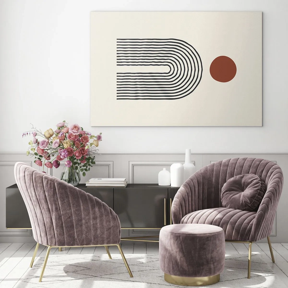 Glasbild - Bild auf glas - Grafische Abstraktion mit Linien und Kreisen im Retro-Stil - 120x80cm - Magnetismus von Formen und Farben - Moderne Wanddekoration für Wohnzimmer und Schlafzimmer ARTTOR