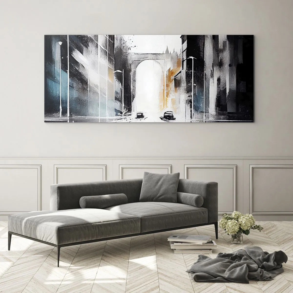 Glasbild - Bild auf glas - Abstraktes Stadtpanorama mit einer Bogenbrücke - 140x50cm - Stadtstudie: Architektur und Bewegung - Moderne Wanddekoration für Wohnzimmer und Schlafzimmer ARTTOR