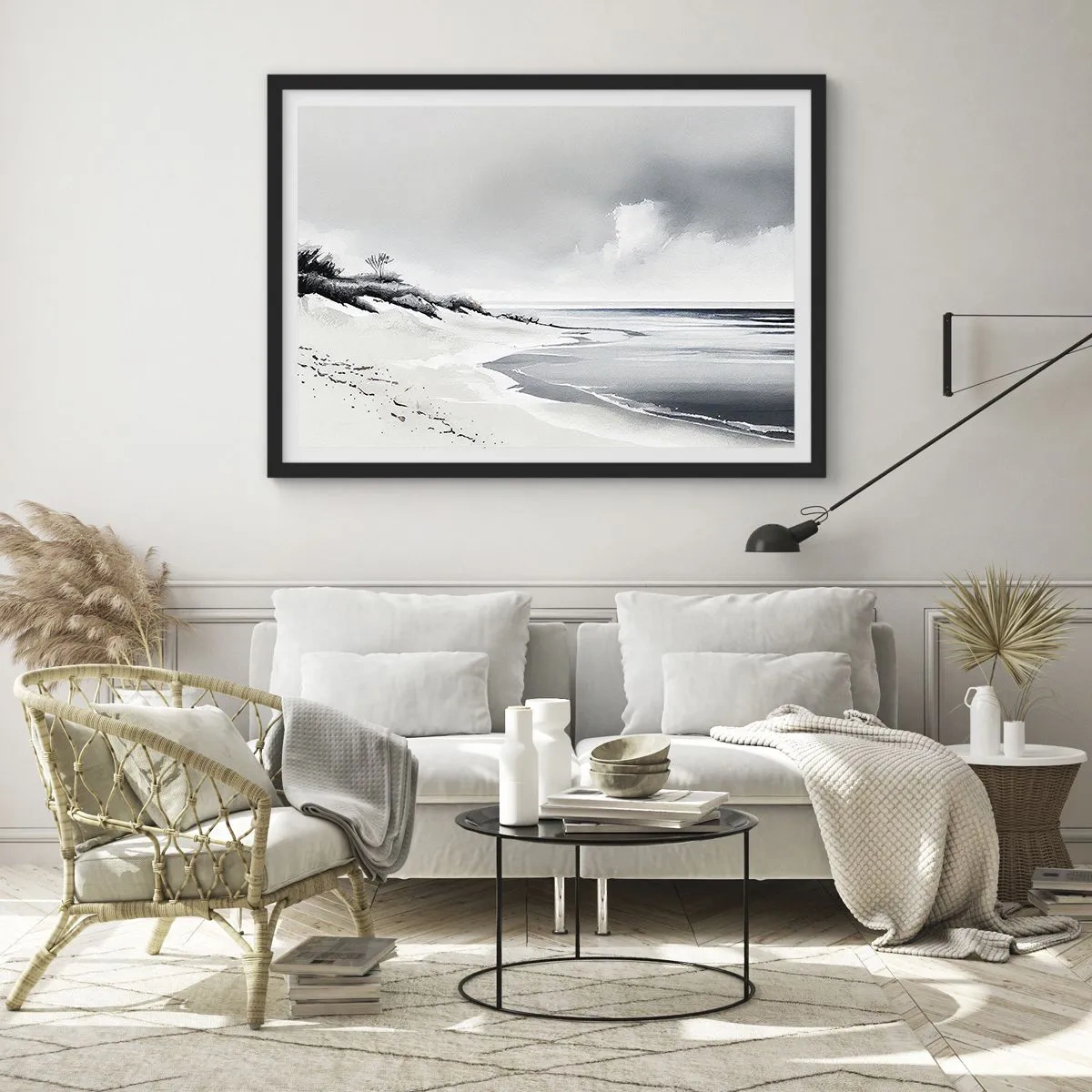 Poster in einem schwarzem Rahmen - Ein Strand in gedämpften Grau- und Blautönen - 100x70cm - Für immer zusammen - Moderne Wanddekoration für Wohnzimmer und Schlafzimmer ARTTOR