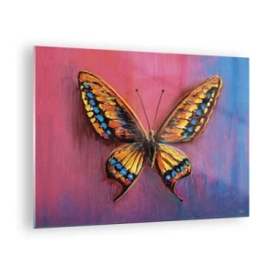 Glasbild - Bild auf glas - Ein bunter Schmetterling auf einem Hintergrund in Rosa- und Lilatönen - 70x50cm - Ein Juwel der Natur - Moderne Wanddekoration für Wohnzimmer und Schlafzimmer ARTTOR