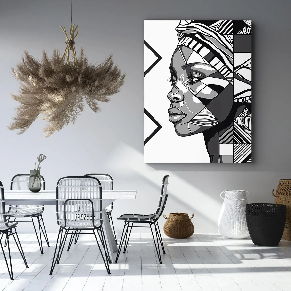 Bild auf Leinwand - Leinwandbild - Schwarz-Weiß-Porträt einer Frau im Ethno-Stil - 50x70cm - Ethnisches Porträt - Moderne Wanddekoration für Wohnzimmer und Schlafzimmer ARTTOR