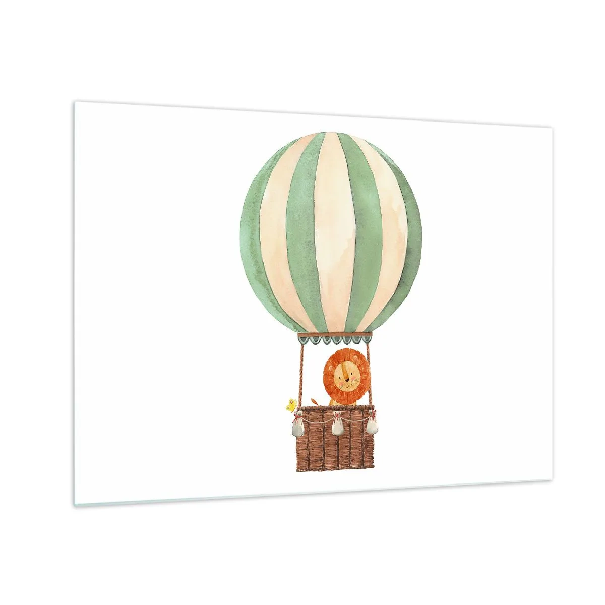 Glasbild - Bild auf glas - Ein Löwe in einem Ballonkorb schwebt auf weißem Hintergrund - 70x50cm - Leons Reisen - Moderne Wanddekoration für Wohnzimmer und Schlafzimmer ARTTOR