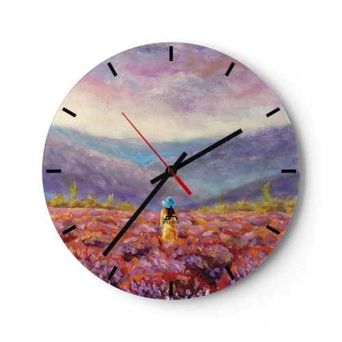Wanduhr - Glasuhr - Eine Frau mit Hut in einem Lavendelfeld mit Blick auf die Berge - 30x30cm - In einer Lavendelwelt - Moderne Wanddekoration für Wohnzimmer, Küche und Schlafzimmer ARTTOR