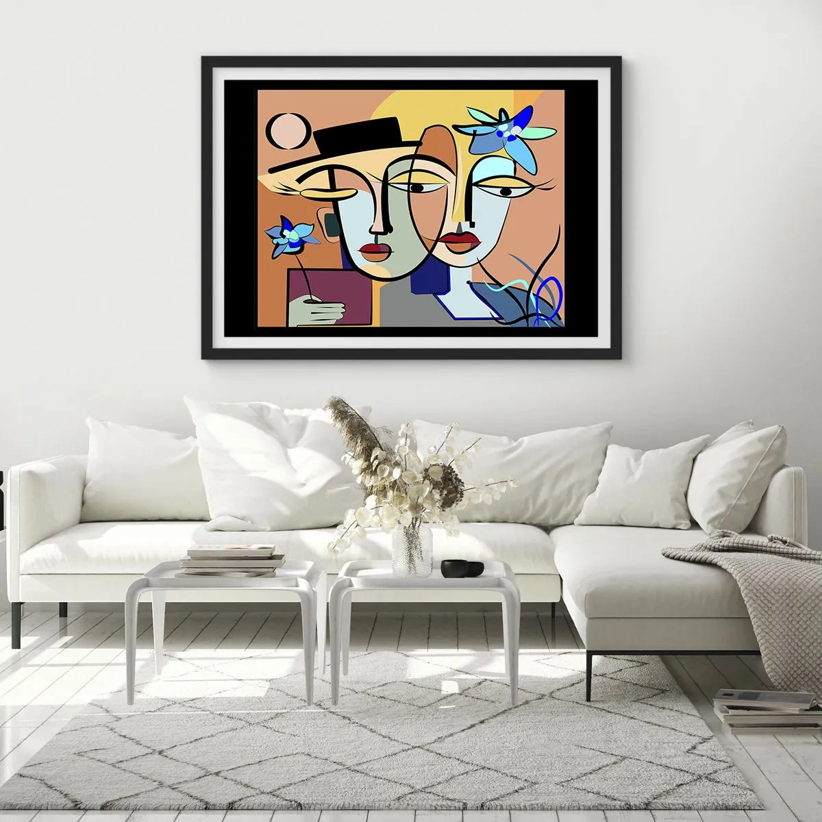 Poster in einem schwarzem Rahmen - Kubistische Porträts in leuchtenden Farben mit floralem Motiv - 100x70cm - Picassos randez vous - Moderne Wanddekoration für Wohnzimmer und Schlafzimmer ARTTOR