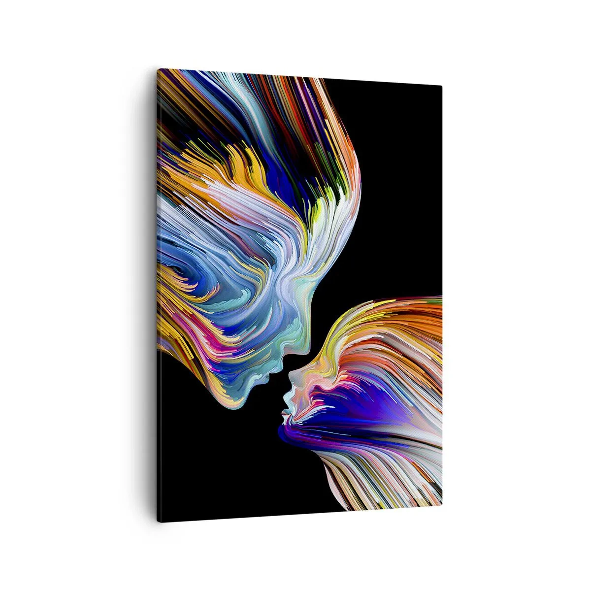 Bild auf Leinwand - Leinwandbild - Bunte Silhouetten von Gesichtern in dynamischen Strömen auf schwarzem Hintergrund - 50x70cm - Eine Verschmelzung von Energie und Licht - Moderne Wanddekoration für Wohnzimmer und Schlafzimmer ARTTOR