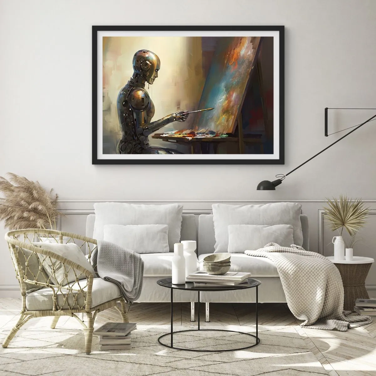 Poster in einem schwarzem Rahmen - Ein Roboter, der im künstlerischen Stil auf einer Leinwand malt - 100x70cm - Die Kunst der Zukunft - Moderne Wanddekoration für Wohnzimmer und Schlafzimmer ARTTOR