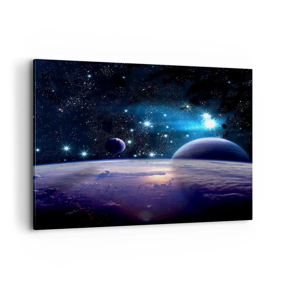 Bild auf Leinwand - Leinwandbild - Ein Blick in den Weltraum mit Planeten und Sternen - 120x80cm - Noch allein? - Moderne Wanddekoration für Wohnzimmer und Schlafzimmer ARTTOR