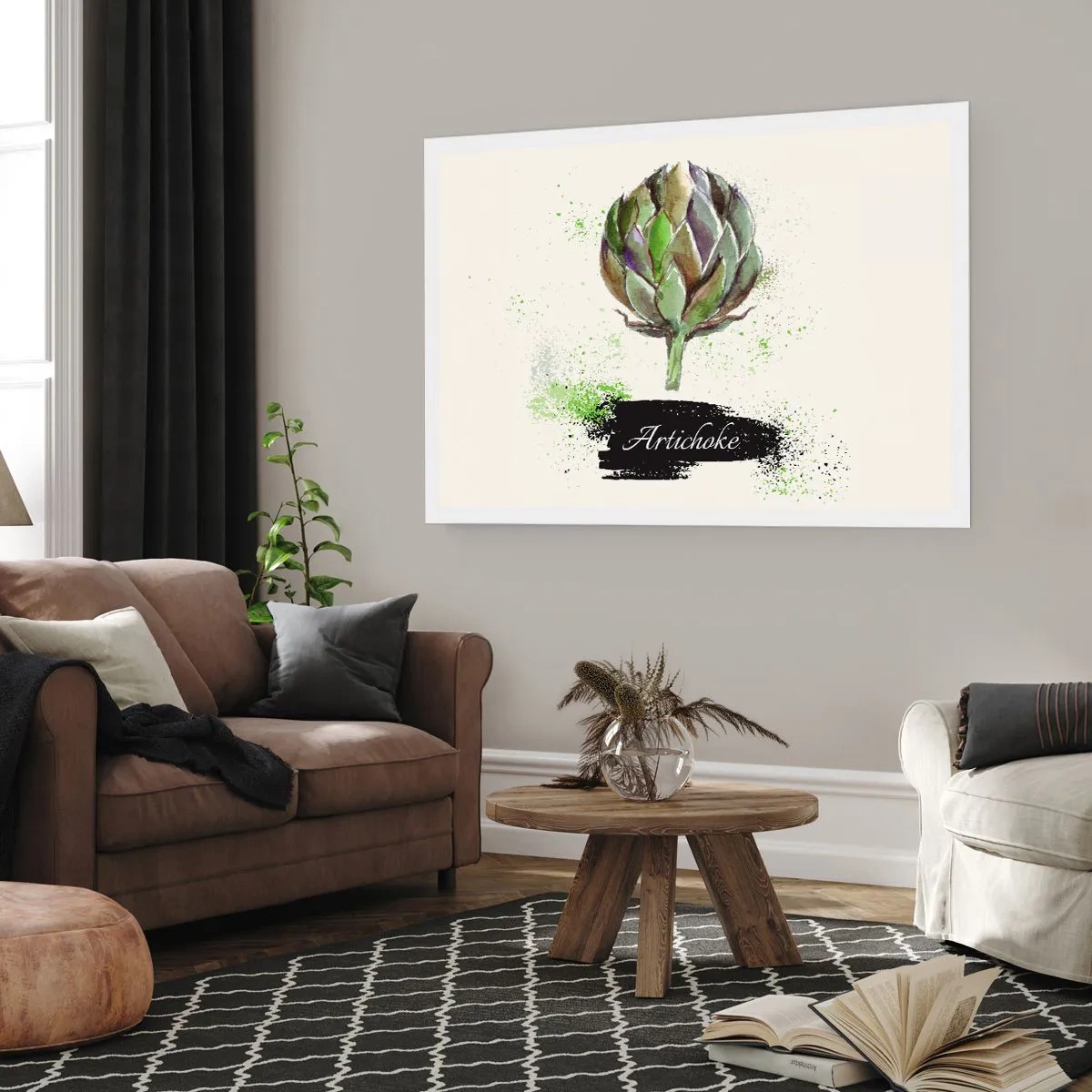Poster - Aquarell Artischocke mit Text auf hellem Hintergrund mit grünen Akzenten - 100x70cm - Eviva-Gemüse! - Moderne Wanddekoration für Wohnzimmer und Schlafzimmer ARTTOR